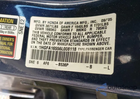 2006 Honda Civic Lx из США, поврежденный, VIN 1HGFA16556L008118